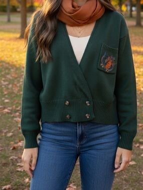 Vintage Herman Geist Green Owl Embroidered Wrap Cardigan Fall Cozy M